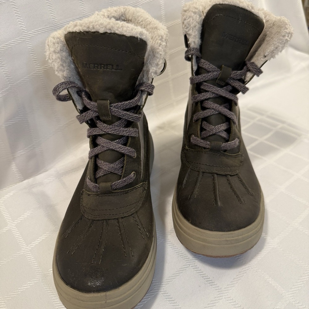 Merrell Womens Size 7 Haven Mid Lace Polar Olive Waterproof Lined Winter Boots